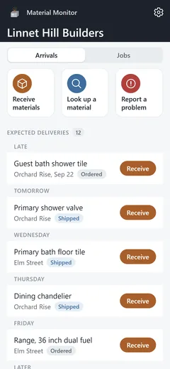 The field app's home screen: receive materials, look up a material, report a problem and the expected deliveries by day.