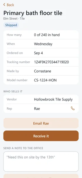 A material in the field app: shipped and due Wednesday, with its tracking number, maker, model, vendor and rep. Buttons below email the rep or receive it.