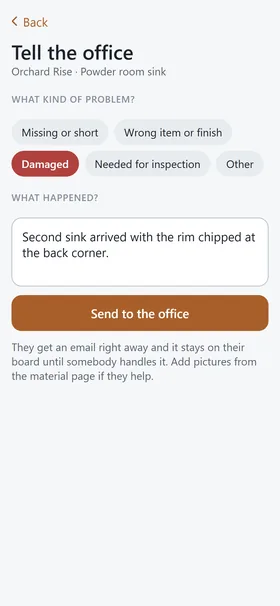 The field app's report a problem screen: a powder room sink marked damaged, with a sentence for the office.