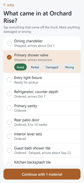 The field app's receiving screen: what came in at one job, with a shower valve ticked and marked in good condition.