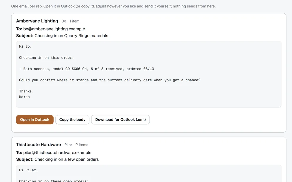 Follow-up emails written for the reps, one per rep: each open order with its model number, how many arrived and the order date, and the button that opens it in Outlook.