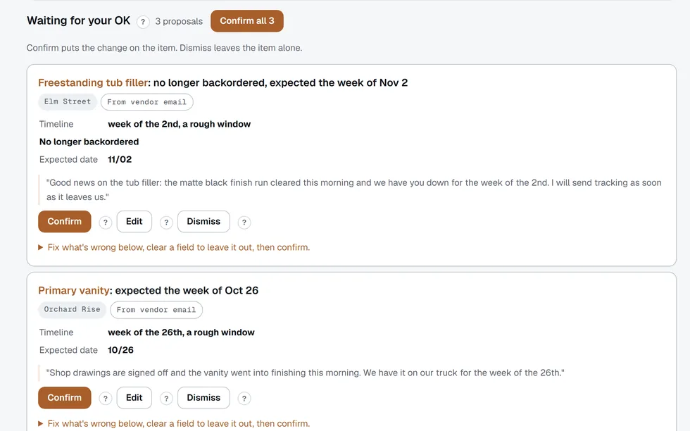 The Updates page: vendor updates waiting for an OK, each with the proposed change, the vendor's own sentence and Confirm, Edit and Dismiss.